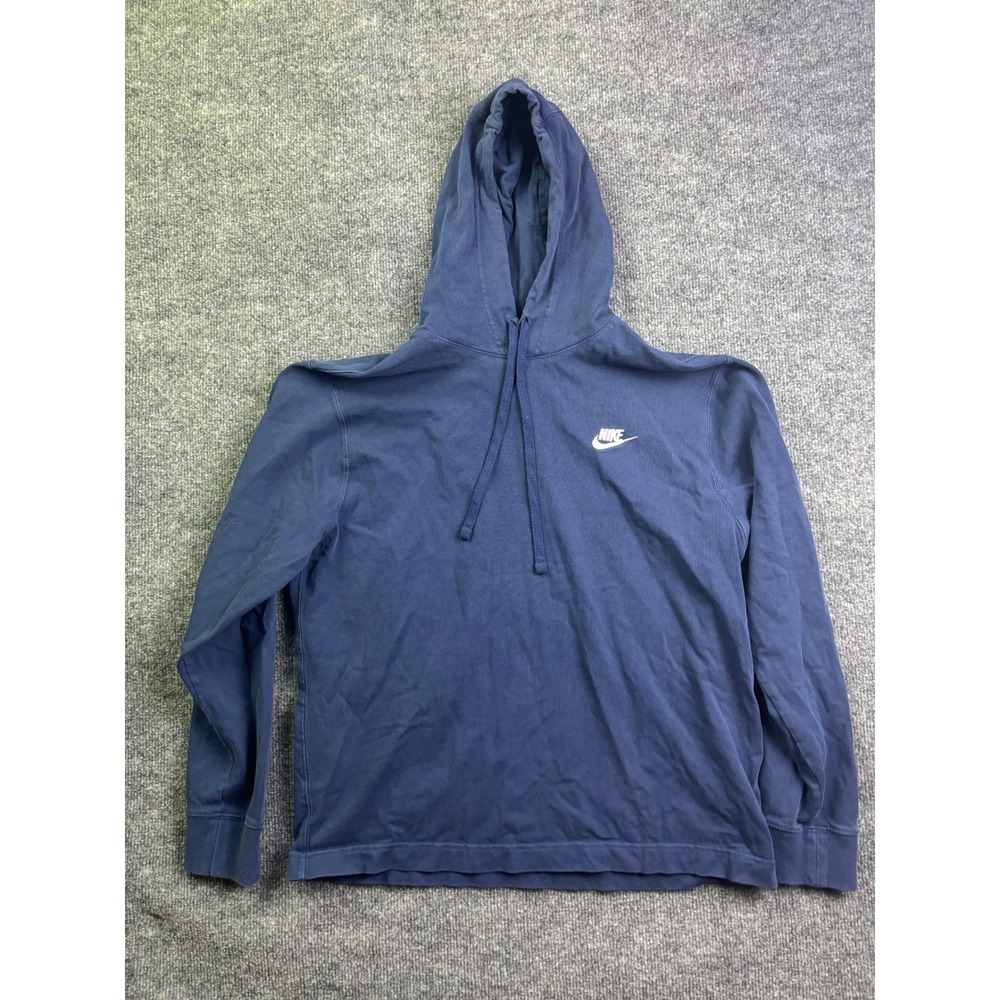 Nike Hoodie Mens Medium Navy Blue Embroidered Logo Cotton Jersey Pullover